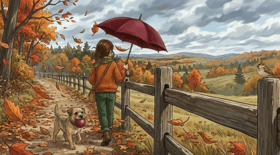 Illustration of a person with a red umbrella and a dog walking beside a wooden fence in autumn countryside