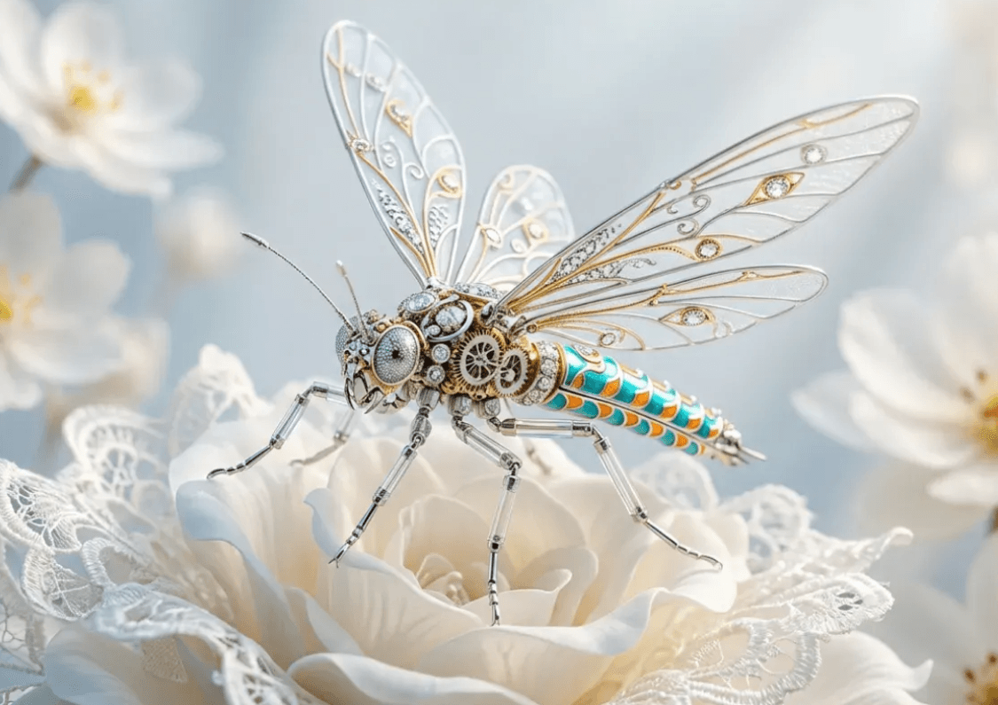 Ornate mechanical insect with translucent filigree wings and a turquoise body resting on a white flower
