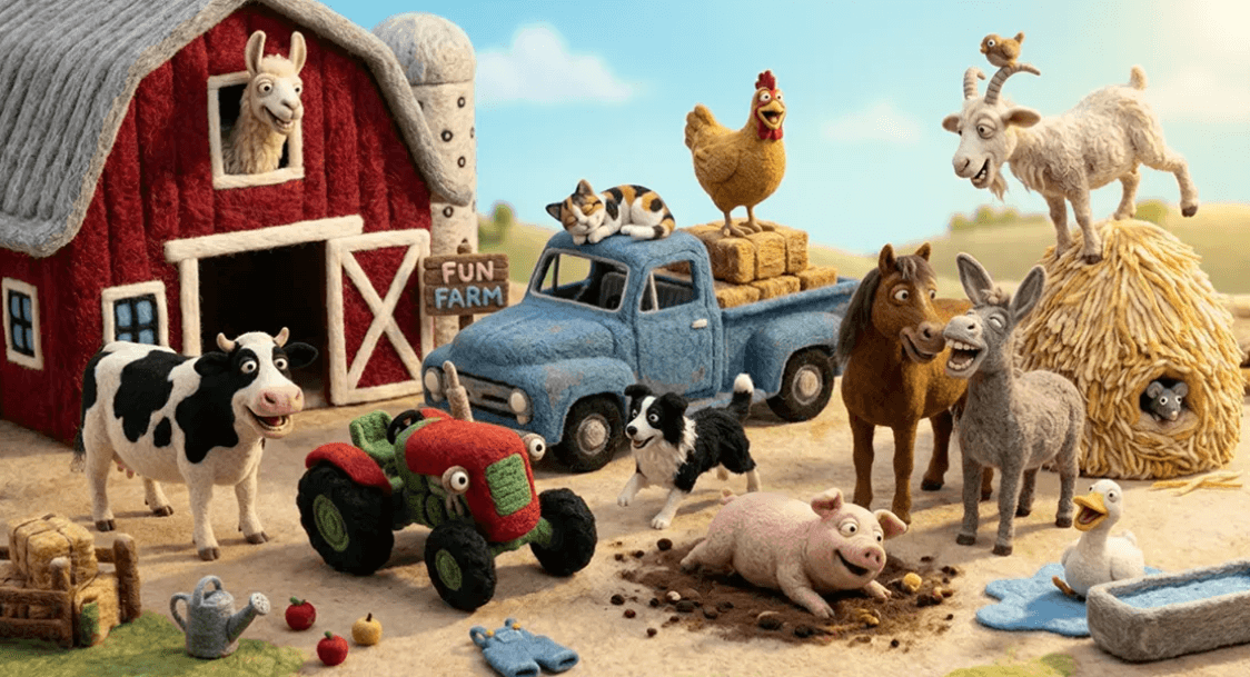 Miniature farm scene with textured animal figures, a red barn, a blue pickup truck, and a green tractor