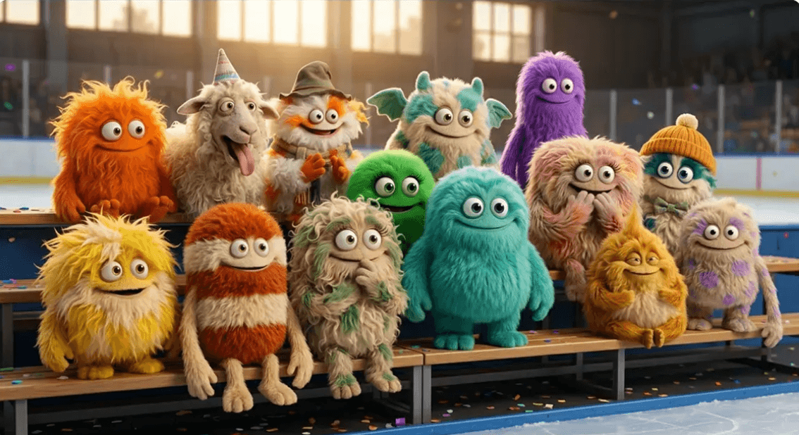 Colorful furry monster characters posing together on wooden benches inside a sunlit hall